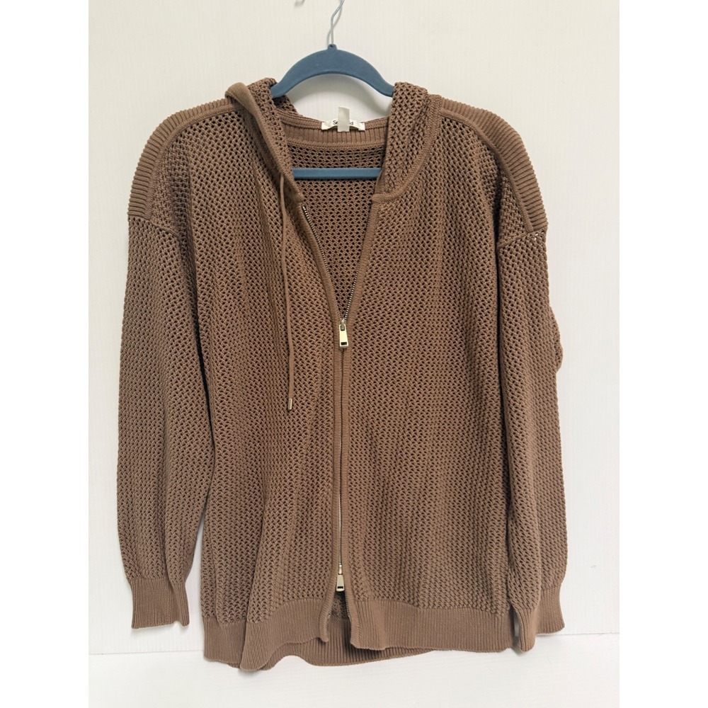 Splendid Collection Brown Open Knit Zip Up Hoodie Sweater Mesh Crochet Medium